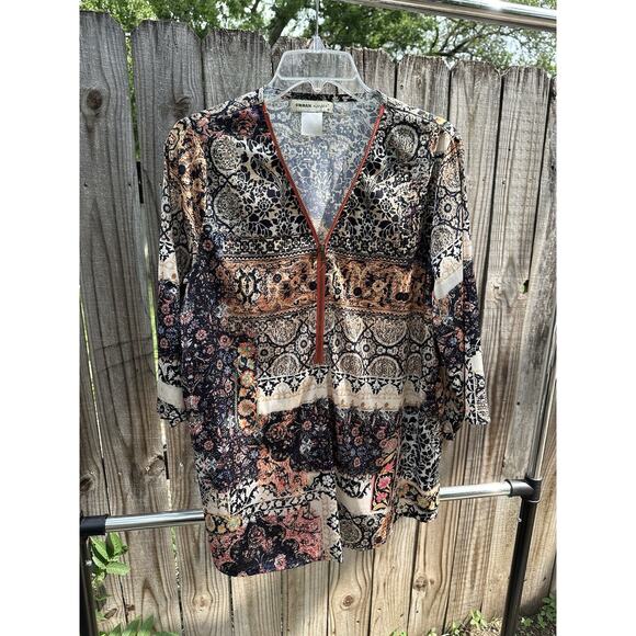 Urban Mango Boho Tunic Top Women’s Medium Patchwork Print Zip Front - Picture 1 of 5